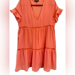 Racheal Coral V-Neck Tiered Mini Dress with Flutter Sleeves Crochet Eyelet Trim